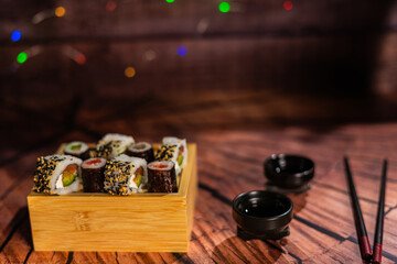 sushi box with soja sauce