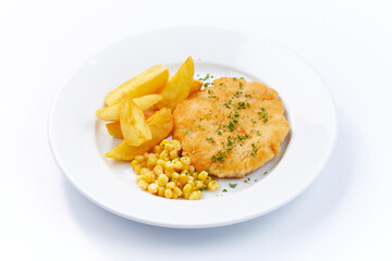 schnitzel with potatoes and corns