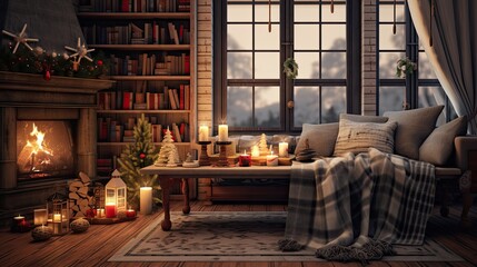 Christmas Hygge Concept, decoration and candles burning in lanterns, roaring log fire, window with snow and festive garlands at home