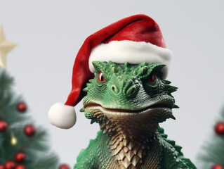 A kind green dragon smiles in a red New Year's hat against the background of blurry garland lights. Symbol of the year 2024 according to the Chinese calendar. New Year and Christmas 2024.