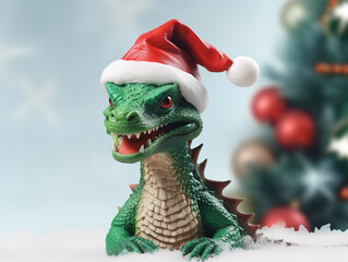 A kind green dragon smiles in a red New Year's hat against the background of blurry garland lights. Symbol of the year 2024 according to the Chinese calendar. New Year and Christmas 2024.