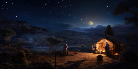 Nativity Scene, barn in the desert under the stars. Christmas