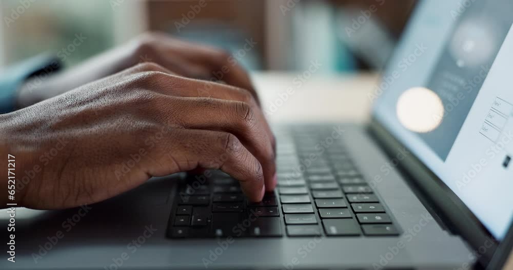 Poster Hands typing, laptop keyboard and closeup at desk, web design and planning for communication on app. Business person, computer and click for research, data analytics and internet in workplace