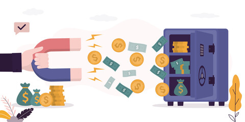 Giant hacker hand uses magnet to attract money from open bank safe. Steal, technology theft of data and money on Internet. Scamming, phishing, deception of users on network.
