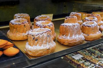 Traditional Alsace kugelhopf or gugelhupf cake at a French bakery in the old town of Grande Ile, the historic center of Strasbourg, Alsace, France