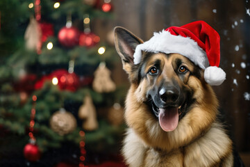 German Shepherd dog wear red santa hat on christmas tree background