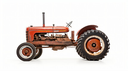 Fototapeta na wymiar Side view old and rust red tractor on white background