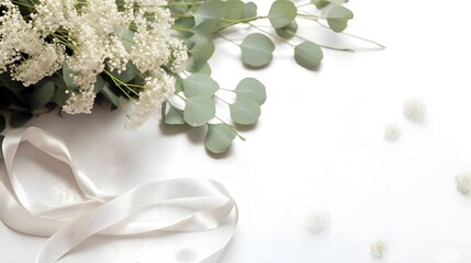 Styled stock photo. Feminine wedding desktop mockup with baby's breath Gypsophila flowers, dry green eucalyptus leaves, satin ribbon and white background. Empty space. Top view. Generative AI