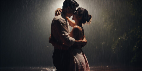 A couple dances in the rain - obrazy, fototapety, plakaty