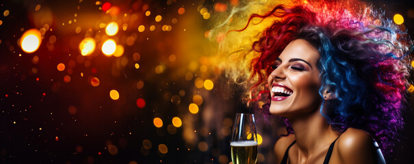 party - ausgelassen lachende Frau mit bunten Haaren und Champagner