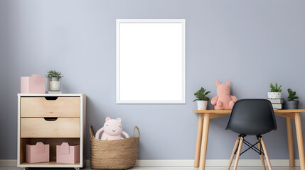 Fototapeta na wymiar Mock-Up Frame in Children's Room with furnitures ,Farmhouse Style Interior. Generative AI