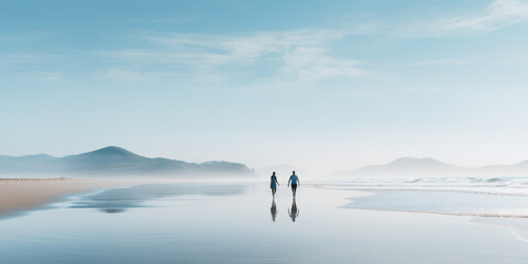a couple walking Along The Ocean - obrazy, fototapety, plakaty