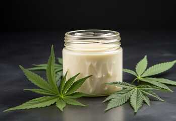 Obraz na płótnie Canvas A jar of cannabis cream on a neutral background.
