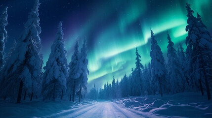 Spectacular aurora borealis in starry sky