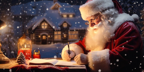 Santa Claus writes letters to children against a beautiful snowy Christmas background. Beautiful...