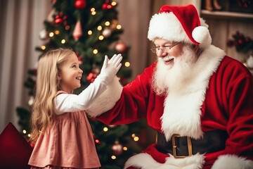 Photo of a little girl standing next to Santa Claus, filled with holiday joy