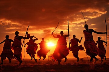 Maasai warriors in traditional red shuka perform a high jump dance on Kenya's vast savannah; long exposure captures their elevated motions against the backdrop of a setting sun - obrazy, fototapety, plakaty