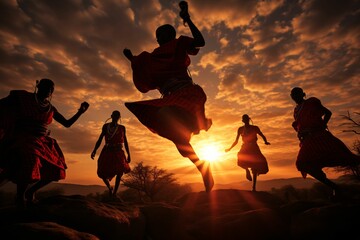 Maasai warriors in traditional red shuka perform a high jump dance on Kenya's vast savannah; long exposure captures their elevated motions against the backdrop of a setting sun