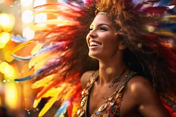Papier Peint photo Rio de Janeiro A samba dancer from Brazil, her sequined costume shimmering, moves vivaciously with feathers fluttering  long exposure captures her dynamic energy against the Rio carnival's vibrancy