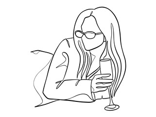 Continuous one line drawing of a woman holding a glass of wine. Vector illustration.