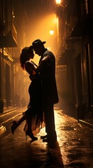 A pair of Argentine tango dancers locked in a passionate embrace on cobbled streets, with long...