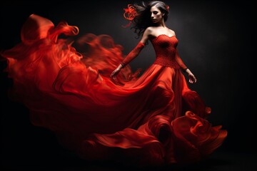 A Spanish flamenco dancer's vibrant red dress swirls gracefully during a passionate spin, captured with long time exposure, blurring movement against a dimly lit backdrop - obrazy, fototapety, plakaty