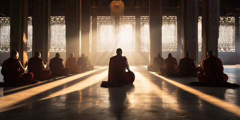 Monks and nuns in traditional Buddhist robes pray