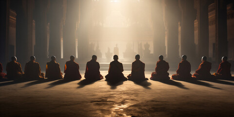 Monks and nuns in traditional Buddhist robes pray