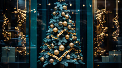 Christmas decoration details on English styled luxury high street city store door or shopping window display, holiday sale and shop decor
