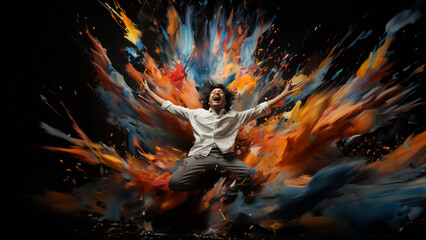 Mann springt Hoch mit geöffneten Armen und mit Farbexplosion im Hintergrund Querformat, ai generativ