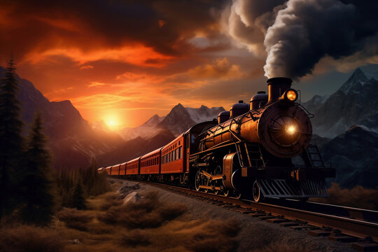 A painting of a train on a train track. The steam locomotive moves at sunset in the red rays of the sun along the railroad tracks. Puffs of smoke from the chimney of a retro train.