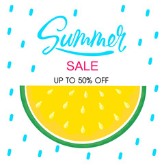 Summer sale with cute watermelon , vector illustration. Design for promotion on white background.