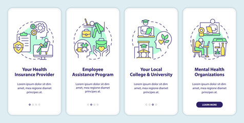 2D icons representing online therapy mobile app screen set. Walkthrough 4 steps multicolor graphic instructions with line icons concept, UI, UX, GUI template.