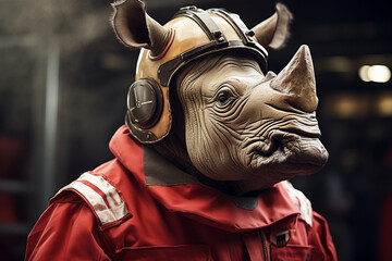 cool rhino animal firefighter uniform - obrazy, fototapety, plakaty