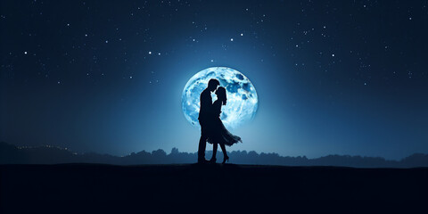 The couple kiss under the moon - obrazy, fototapety, plakaty