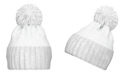 White Knitted winter bobble hat. Handmade woolly cap with pompom on top
