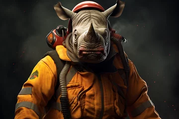 Deurstickers cool rhino animal firefighter uniform © Salawati