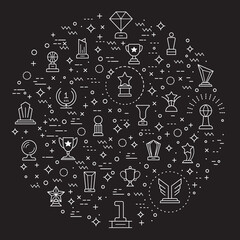 Simple Set of Trophy Related Vector Line Illustration. Contains such Icons as winner, reward, star, award, medal, badge and Other Elements.