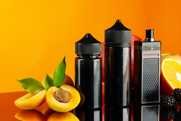 Vape smoking liquid with fruit flavor on orange background