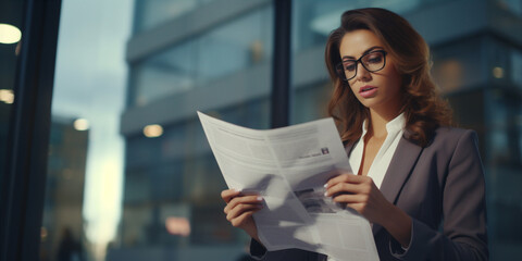 Business woman reading newspaper - obrazy, fototapety, plakaty