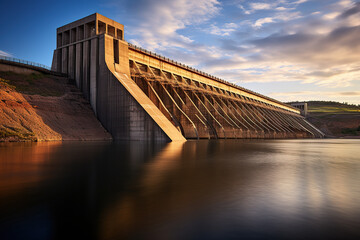 The Big hydroelectric farm at sunriser. water power energy - obrazy, fototapety, plakaty