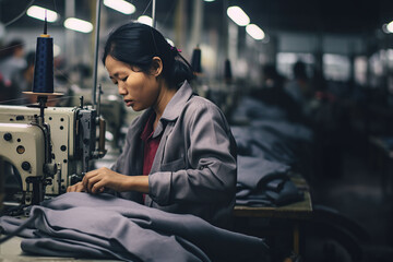 Portrait of asian woman sewing clothing in Multinacional Factory , precarious jobs, poor work condition, exploitation and fast fashion concept - 652175608
