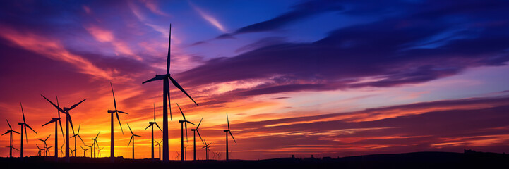 Wind turbines farm agaist the colorful sky at sunset. Renewable and Alternative energy.