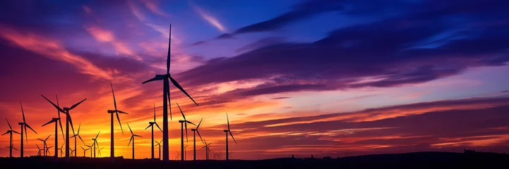 Fototapeten Wind turbines farm agaist the colorful sky at sunset. Renewable and Alternative energy. © vasanty
