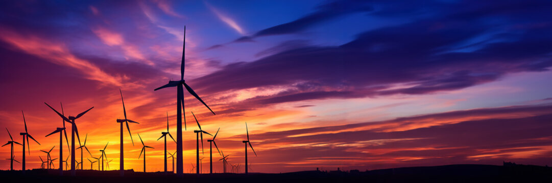 Wind turbines farm agaist the colorful sky at sunset. Renewable and Alternative energy.