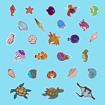 Sticker pack with sea animals. Cartoon character for comics and postcards. Vector image.