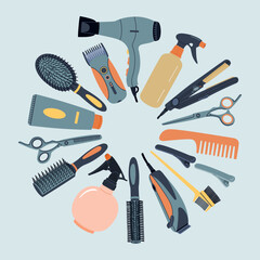 Set of haircut tools and accessories. Hair dryer, hairbrush, razor, scissors and different professional tools for barbershop. Hand drawn vector illustration isolated on grey background, flat style.