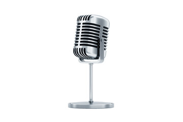 Retro microphone in metallic color isolated on white background. Concept for podcast, interview, radio, vocals, show. 3D rendering, 3D digital illustration, photo-realistic quality.