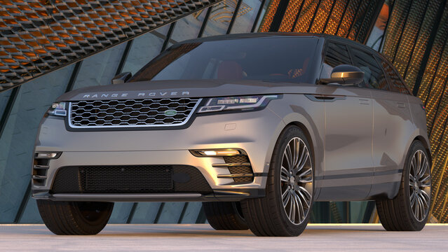 Range Rover Velar in front of the office building.3d illustratin.