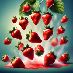 Falling strawberry fruits whole and transparent background Generative ai